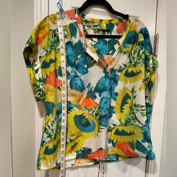 Chaus Sunflower Print V Neck Short Sleeve Drawstring Waist Blouse Size L - Picture 7 of 11